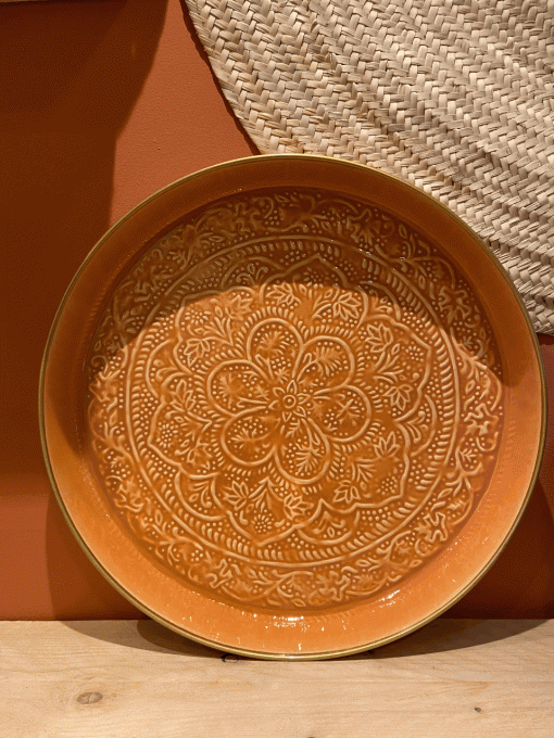 PLATEAU BERBÈRE MÉTAL ÉMAILLÉ TERRACOTTA  - GRAND MODÈLE XL