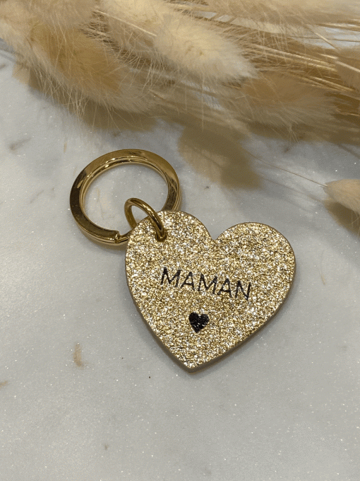 PORTE-CLÉS CUIR  COEUR "MAMAN" DORÉ BRILLANT