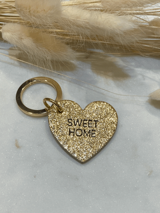 PORTE-CLÉS CUIR COEUR "SWEET HOME" DORÉ BRILLANT