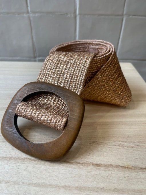 CEINTURE TRESSÉE PAILLETÉE ÉLASTIQUE ET BOUCLE BOIS  - ROSE GOLD