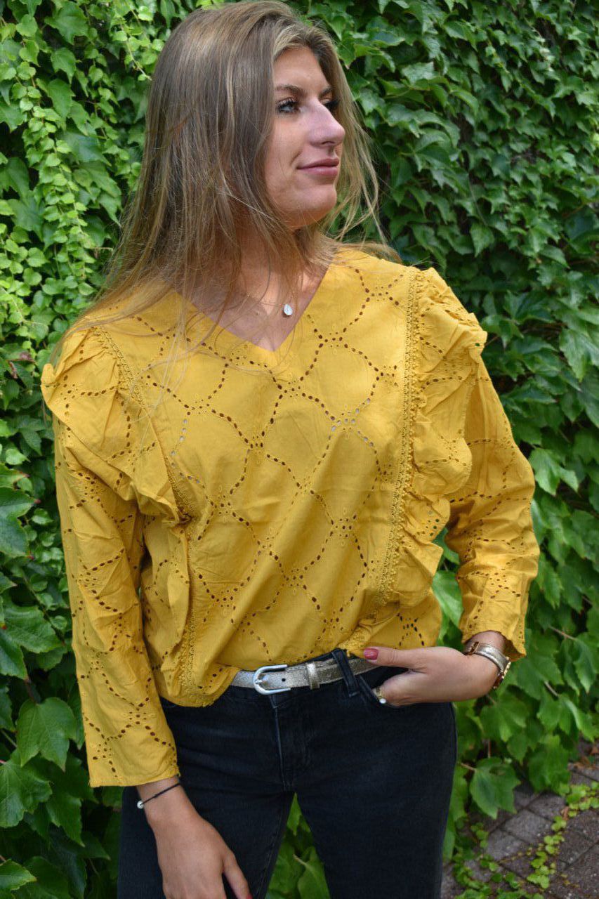 BLOUSE CAZA BRODERIE ANGLAISE MOUTARDE