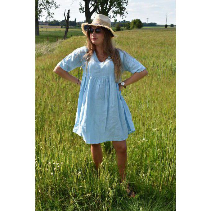 ROBE COURTE 100% LIN ROMY BLEU CIEL