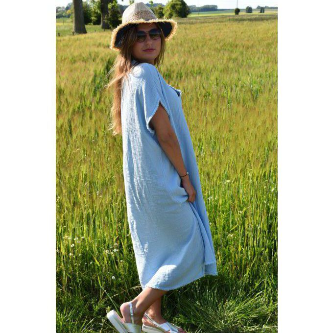 ROBE ORLANE 100% GAZE DE COTON BLEU CIEL