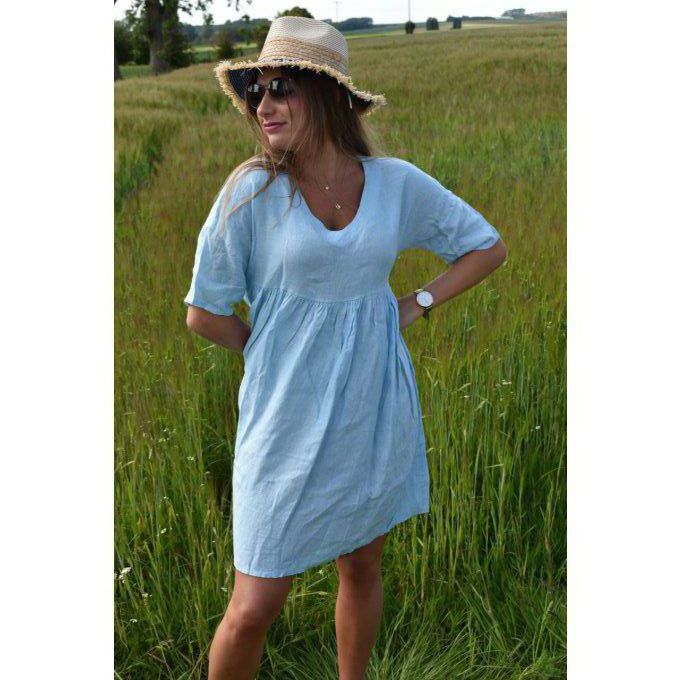 ROBE COURTE 100% LIN ROMY BLEU CIEL