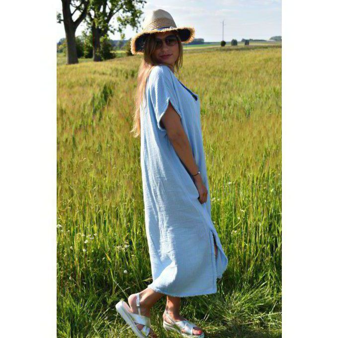 ROBE ORLANE 100% GAZE DE COTON BLEU CIEL